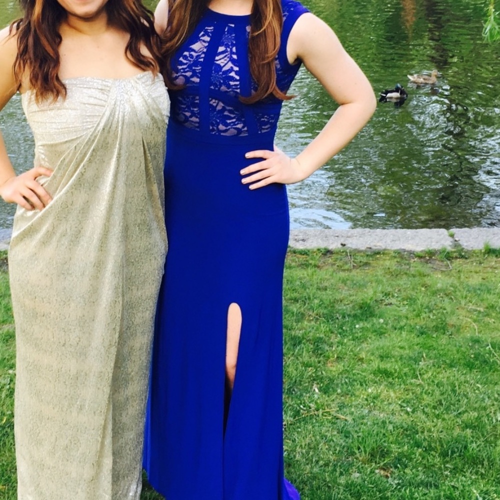 Blue Evening Dress with Lace Details and Leg Slit